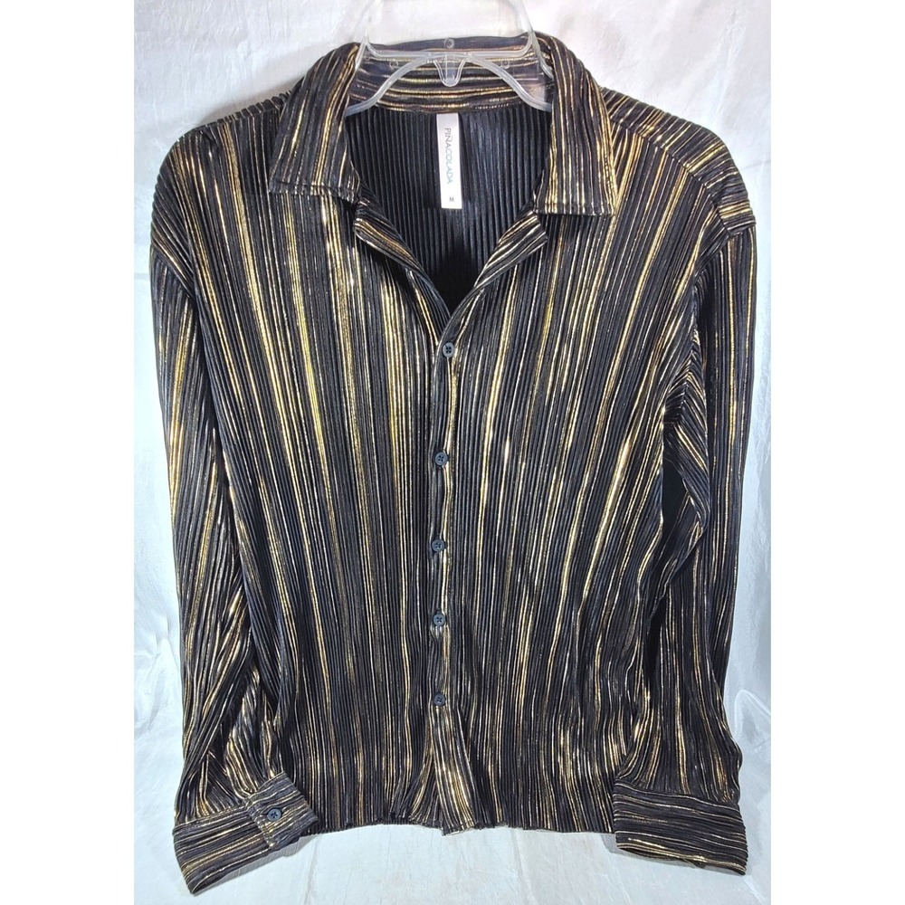 Pina Colada Women's Long Sleeve Pleated Black Gold Tinsel Shirt - Medium